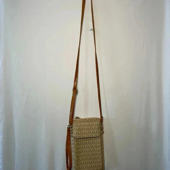 MKF Collection Phone Wallet Crossbody Bag Tan “M” Logo Faux Leather EUC - Picture 2 of 16